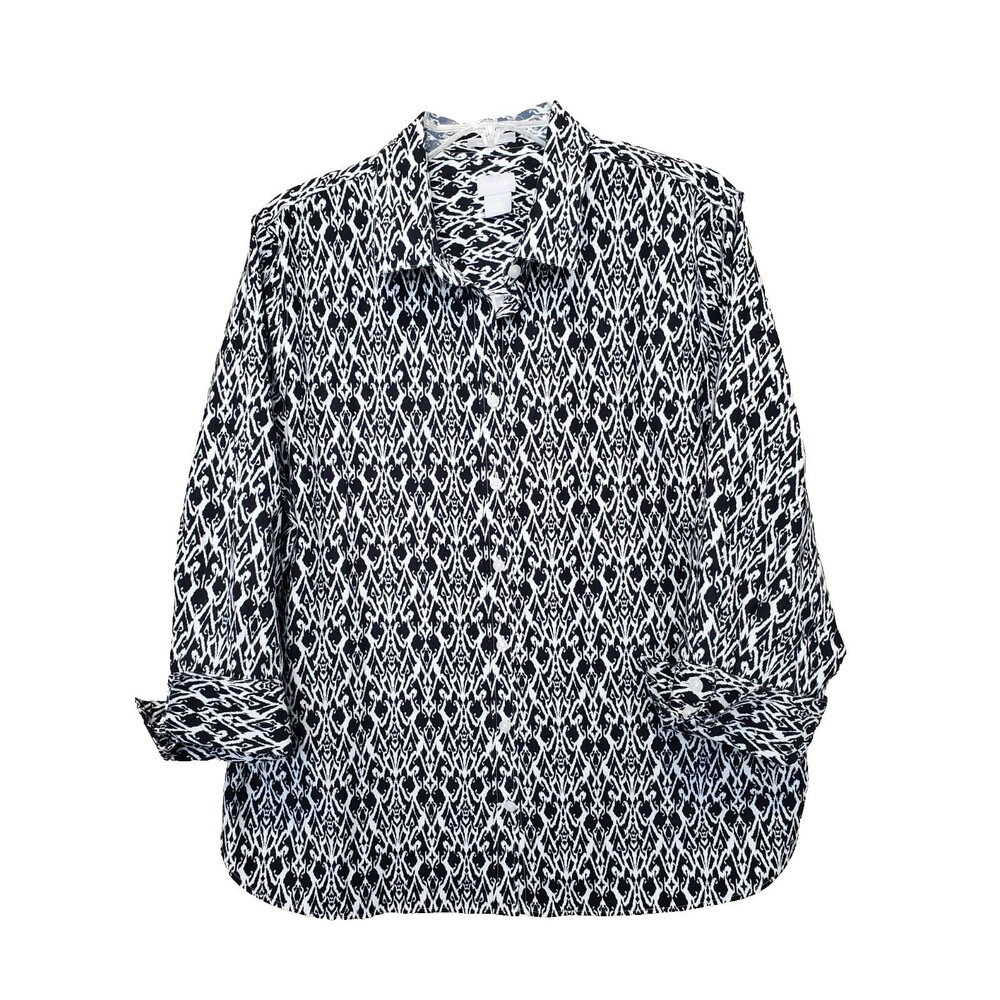 Chico's No-Iron Chic Stretch Black & White Ikat Button-Up Shirt Size 3 (XL)
